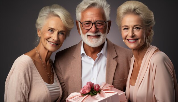 Zdjęcie uśmiechnięta para seniorów z prezentem urodzinowym świętująca miłość i jedność wygenerowaną przez sztuczną inteligencję
