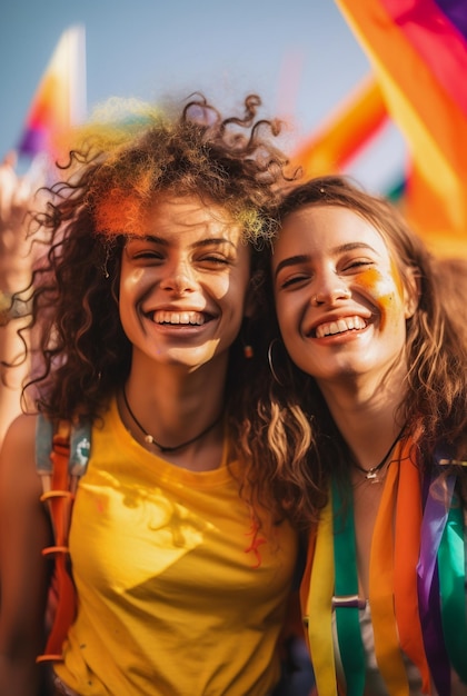 Uśmiechnięta para świętuje paradę LGBTQ Gay Pride w Sao Paulo Pride Month w Brazylii