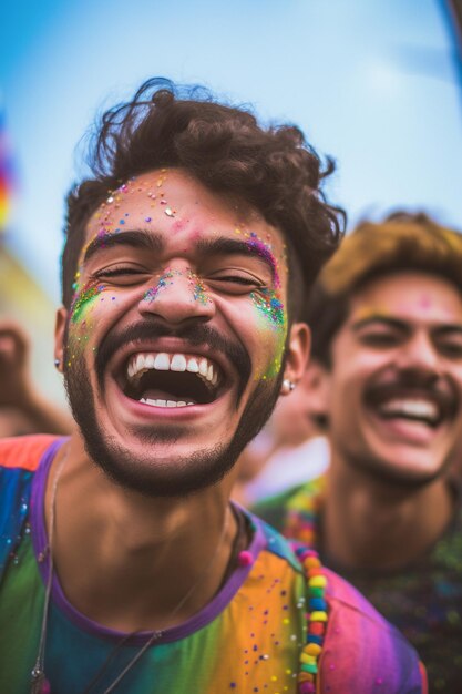 Uśmiechnięta para świętuje paradę LGBTQ Gay Pride w Sao Paulo Pride Month w Brazylii