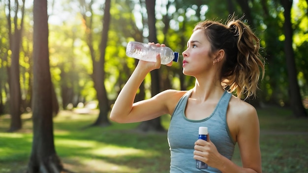 Uśmiechnięta piękna kobieta pijąca wodę z butelki robiąca sport rano w parku