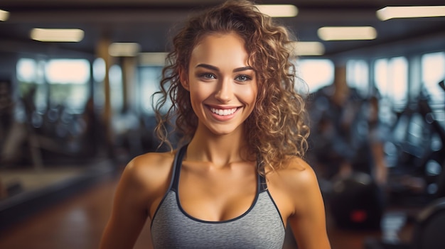 Uśmiechnięta piękna młoda kobieta nosząca modę fitness w siłowni