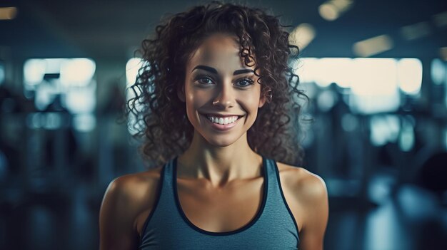 Uśmiechnięta piękna młoda kobieta nosząca modę fitness w siłowni
