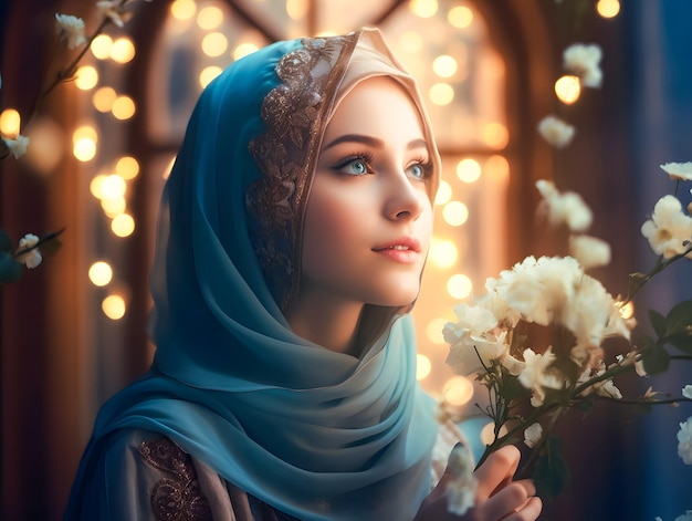 Uśmiechnięta piękna muzułmańska kobieta w hidżabie z kwiatami Eid Mubarak Ramadan koncepcja