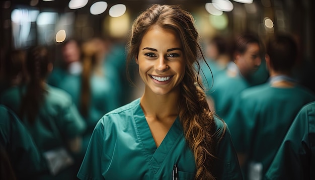 Zdjęcie uśmiechnięta pielęgniarka w zielonym szlafroku patrzy w kamerę.