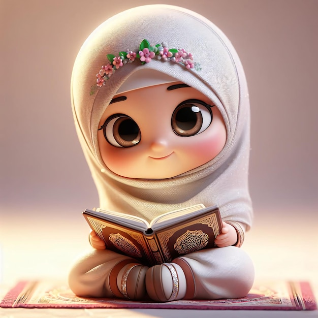Uśmiechnięta postać 3D w islamskim stroju lubi czytać Koran