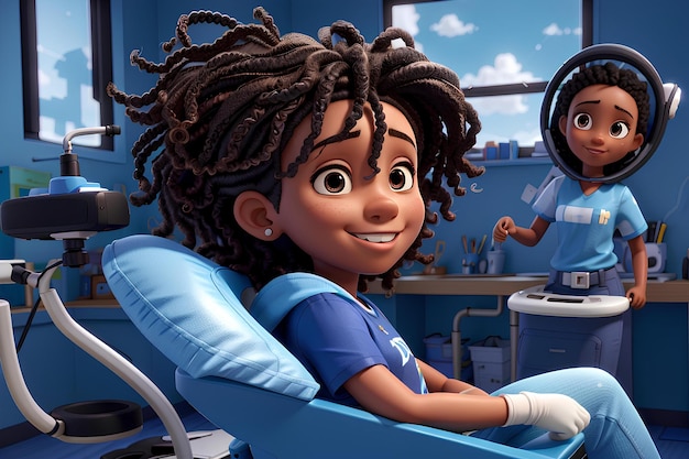 Uśmiechnięta pozytywna nastolatka siedzi na fotelu dentystycznym w szpitalu, specjalista ma procedurę badania zębów w stylu kreskówki 3d