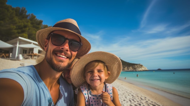 Uśmiechnięta rodzina w kapeluszach na plaży Rodzinne wakacje na wybrzeżu Ionii