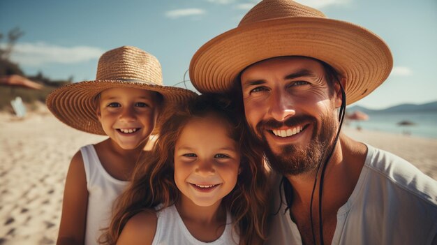 Uśmiechnięta rodzina w kapeluszach na plaży Rodzinne wakacje na wybrzeżu Morza Jońskiego