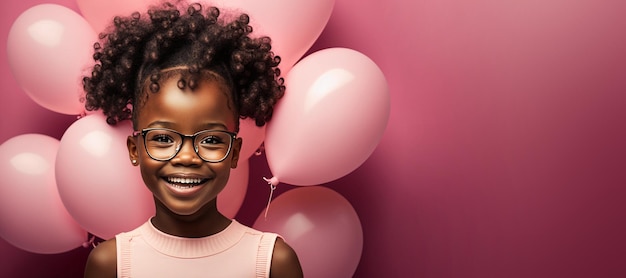 Uśmiechnięta śmiejąca się mała dziewczynka z Afryki na różowym tle z balonami Puste miejsce na tekst i reklamę Pocztówka z pozdrowieniami AI generacji