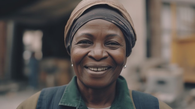 Uśmiechnięta starsza afrykańska pracownica budowlana stojąca na placu budowy