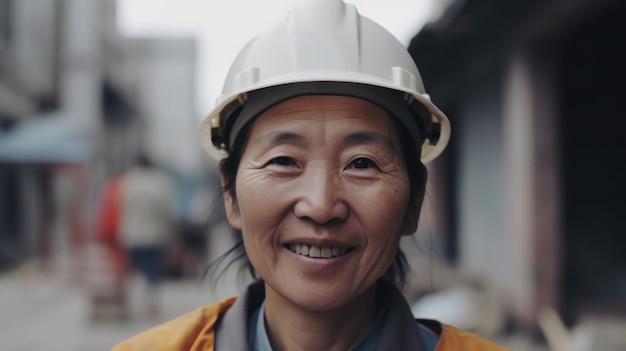 Uśmiechnięta starsza chińska pracownica budowlana stojąca na placu budowy