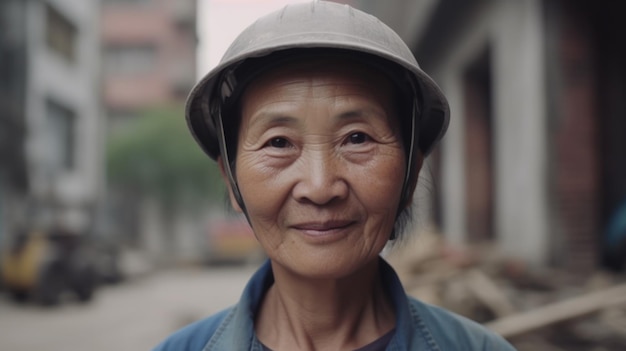 Uśmiechnięta starsza chińska pracownica budowlana stojąca na placu budowy