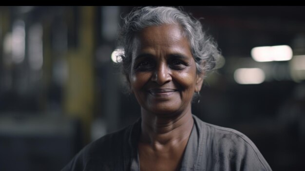 Uśmiechnięta starsza indyjska pracownica fabryki stojąca w fabryce blach