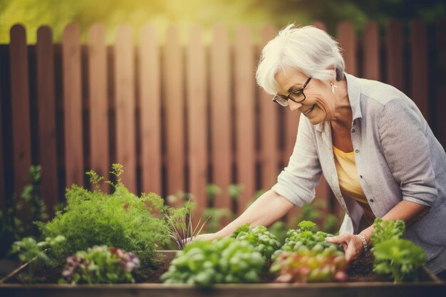 Uśmiechnięta starsza kobieta pracująca w ogrodzie starsza żona uprawia warzywa w ogrodzie