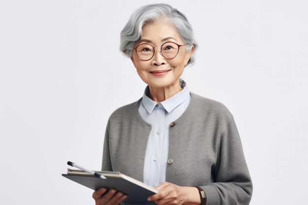 Uśmiechnięta starsza kobieta z koreańskiego biura hipster pisze w schowku, stojąc nad białym tłem, demonstrując produktywność, organizację i profesjonalizm Generacyjna sztuczna inteligencja