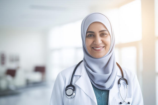 Uśmiechnięta starsza muzułmańska lekarka w hidżabie i mundurze patrząca na kamerę w szpitalu
