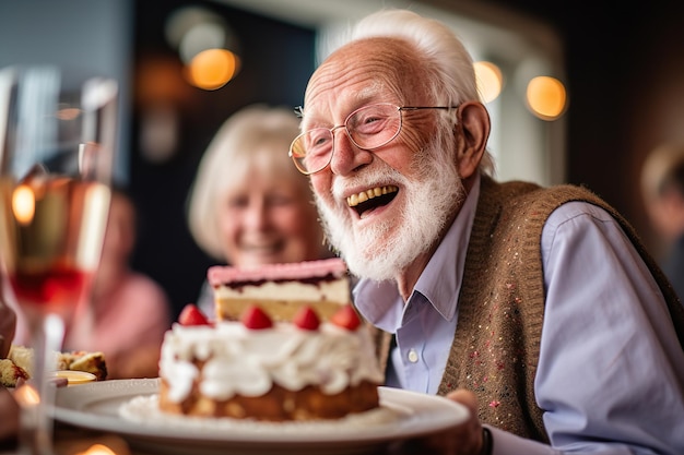 Uśmiechnięta starsza osoba świętująca urodziny z ciastem generatywnym ai