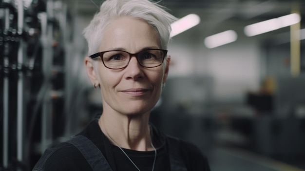 Uśmiechnięta starsza szwedzka pracownica fabryki elektroniki stojąca w fabryce