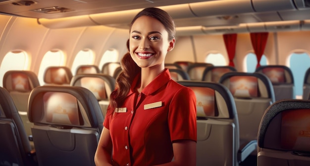 Uśmiechnięta stewardesa w czerwonym mundurze w kabinie samolotu atrakcyjna stewardesa przyjazna pracownica linii lotniczych przyjemna usługa dla pasażerów linii lotniczych generatywna sztuczna inteligencja