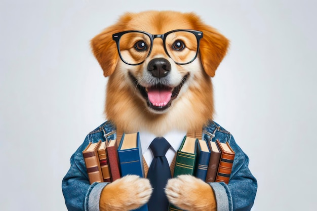 Uśmiechnięta szkoła psów z okularami trzyma książki na białym tle