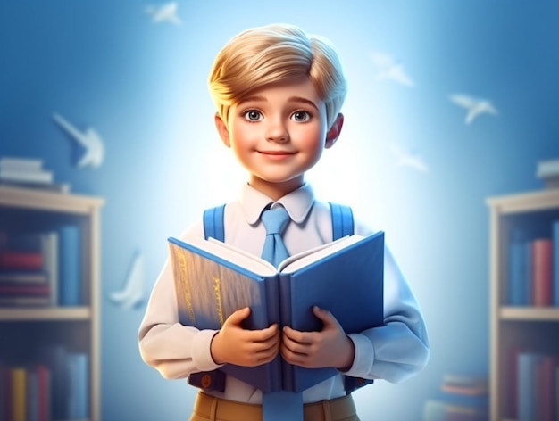 Uśmiechnięta Szkolna chłopiec z otwartą książką w ręce