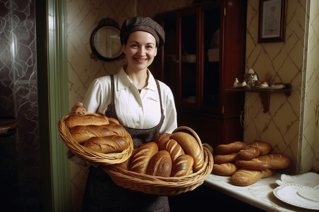 Zdjęcie uśmiechnięta szwedzka piekarka stojąca w domowej kuchni trzymająca chleb w koszyku generative ai aig21