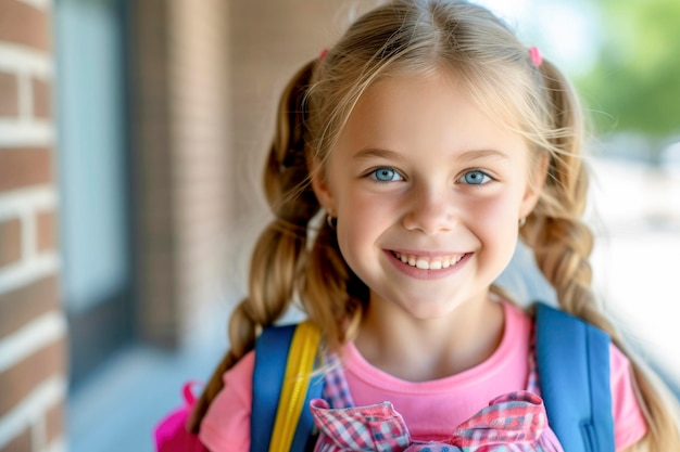 Zdjęcie uśmiechnięta uczennica szkoły podstawowej wraca do szkoły.