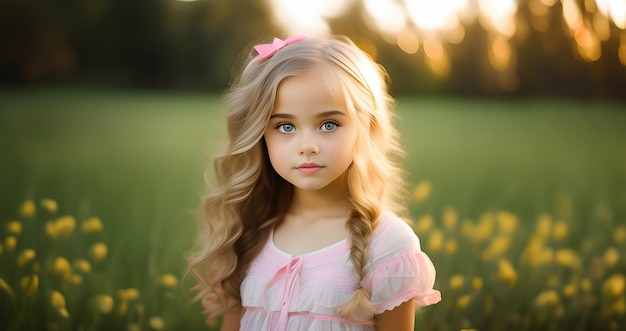 Zdjęcie uśmiechnięta urocza dziewczynka w sukience pozująca nad wiosną kwitnącym parkiem na świeżym powietrzu twarz dziewczynki na tle przyrody dzieciństwo dzieci portrety zewnętrzne wiosna piękna mała dziewczynka