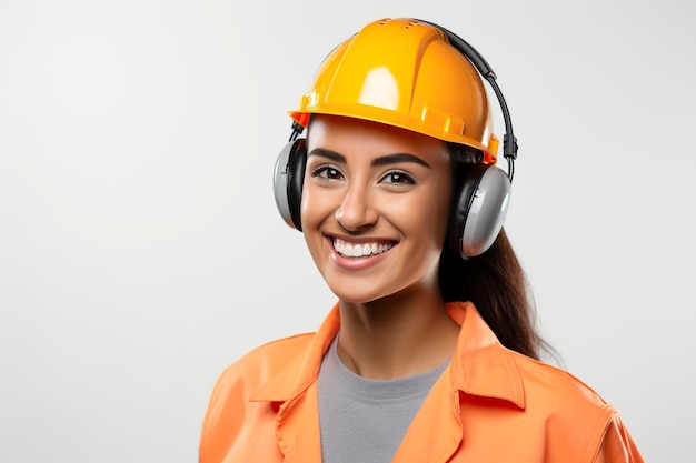 Uśmiechnięta wykwalifikowana pracownica budowlana kobieta ze słuchem