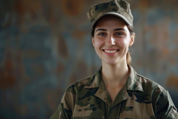 Uśmiechnięta żołnierzka w amerykańskim mundurze wojskowym