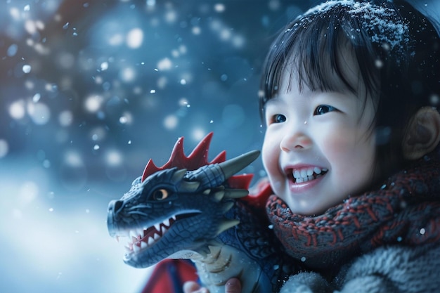Uśmiechnięte azjatyckie dziecko z uroczym smokiem na śnieżnym zimowym tle