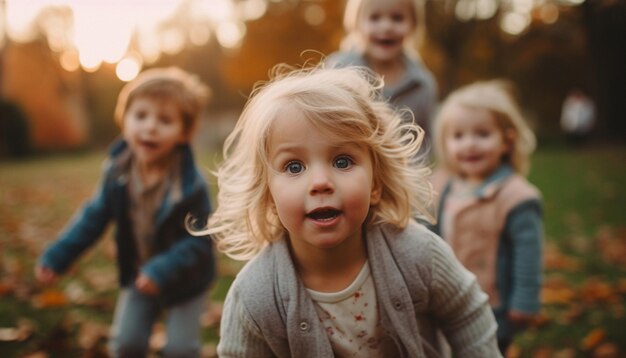 Zdjęcie uśmiechnięte dzieci bawiące się jesienią na świeżym powietrzu, cieszące się wesołym uściskiem natury generowanym przez sztuczną inteligencję