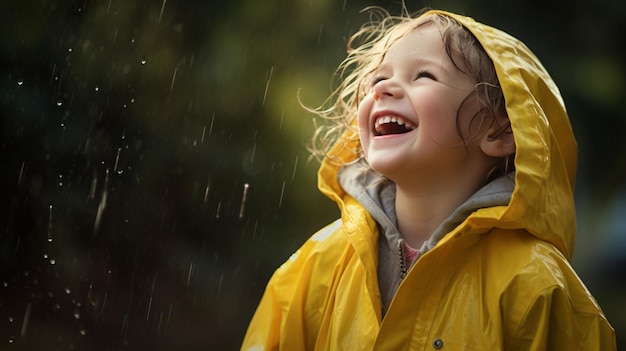 uśmiechnięte dziecko cieszy się deszczowym szczęściem na mokrym świeżym powietrzu