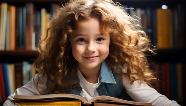 Uśmiechnięte dziecko czytające książkę w uroczej bibliotece edukacja przynosi szczęście generowane przez sztuczną inteligencję