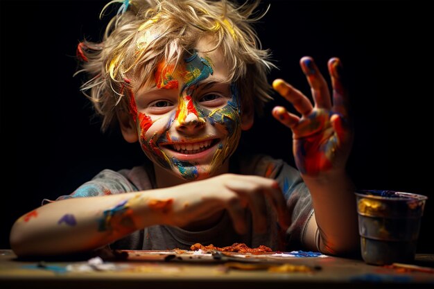 Zdjęcie uśmiechnięte dziecko z farbą na twarzy i rękach