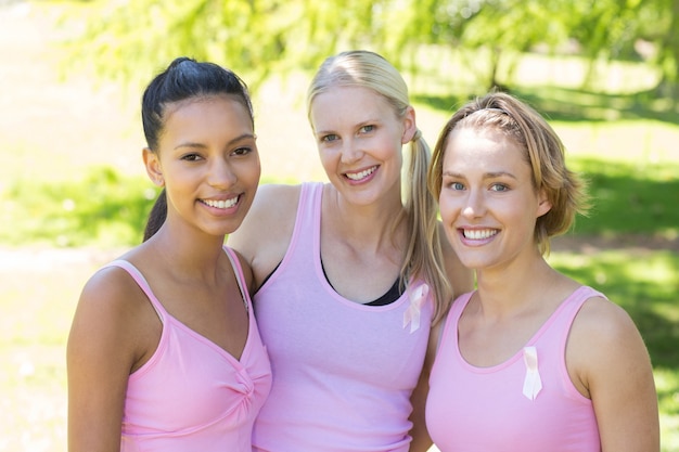 Uśmiechnięte kobiety w różowych dla świadomości raka piersi