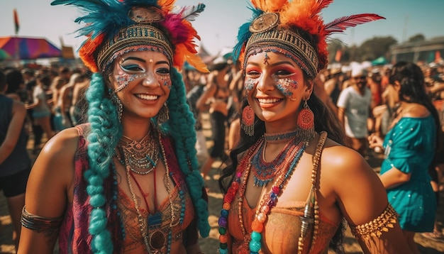 Uśmiechnięte kobiety w tradycyjnych strojach tańczą sambę wygenerowaną przez sztuczną inteligencję