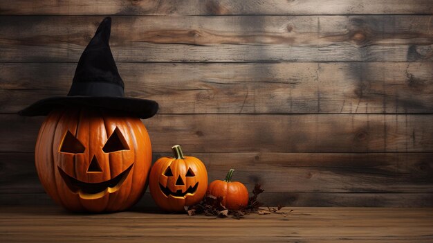 Uśmiechnięte latarnie dyni Halloween na tle ciemnego drewna generatywna scena AI z latarniami Halloween i starymi drewnianymi deskami Halloweenowy black jack i koncepcja horroru