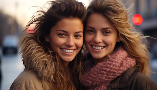 Uśmiechnięte młode kobiety cieszą się zimą na świeżym powietrzu generowaną przez sztuczną inteligencję