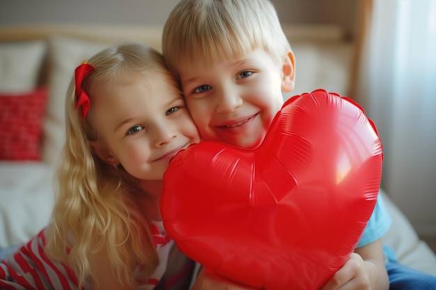 Zdjęcie uśmiechnięte młode rodzeństwo trzymające razem czerwony balon w kształcie serca w serdecznym uścisku