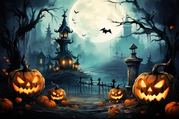 Uśmiechnięte nietoperze dynie i bajkowy dom w lesie w noc Halloween generatywna sztuczna inteligencja Straszna scena w ciemnym, przerażającym drewnie Halloween fantasy strach horror i koncepcja jesieni