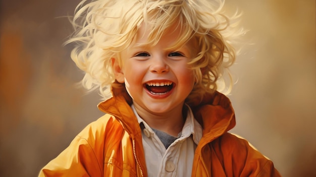 Zdjęcie uśmiechnięte wesołe dziecko o blond włosach promieniuje szczęściem