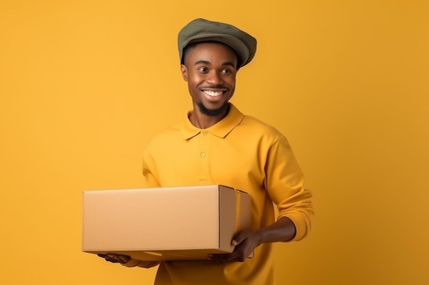 Uśmiechnięty Afroamerykanin dostawy trzymając karton na białym tle na żółtym tle