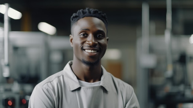 Uśmiechnięty afrykański męski pracownik fabryki elektronicznej stojący w fabryce