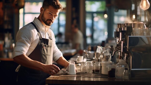 Uśmiechnięty atrakcyjny mężczyzna barista stojący za licznikiem w kawiarni pokazując filiżankę kawy
