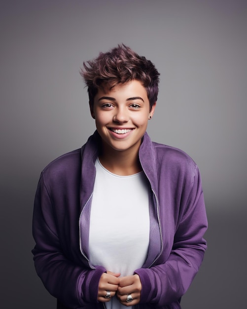Uśmiechnięty autoportret nastolatka w fioletowej kurtce