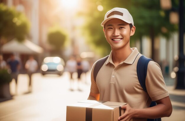 Uśmiechnięty azjatycki dostawca w czapce trzymający kartonowy pudełko na tle ulicy