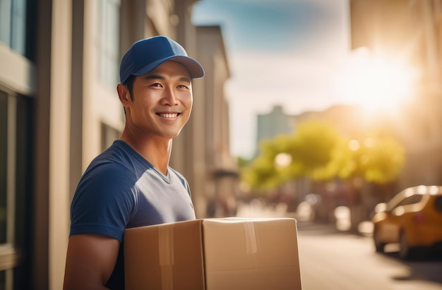 Uśmiechnięty azjatycki dostawca w niebieskiej czapce trzymający karton na tle ulicy