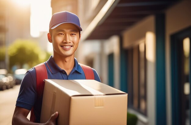 Uśmiechnięty azjatycki dostawca w niebieskiej czapce trzymający karton na tle ulicy