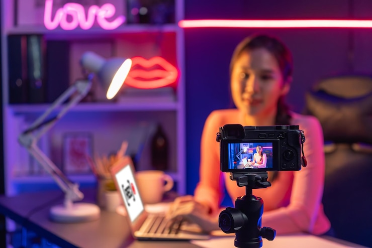 Zdjęcie uśmiechnięty azjatycki influencer nagrywa przed kamerą z pozytywnym stratagem